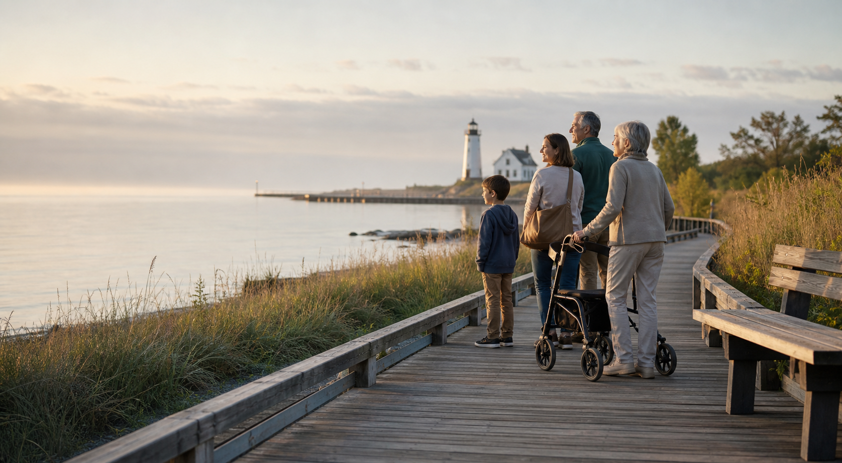 Multigenerational travelers following a step-free boardwalk beside a Great Lakes lighthouse